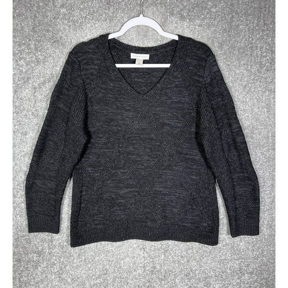Christopher & Banks Long Sleeve V-Neck Knit Sweater Womens Size Large Black Gray - Picture 1 of 14